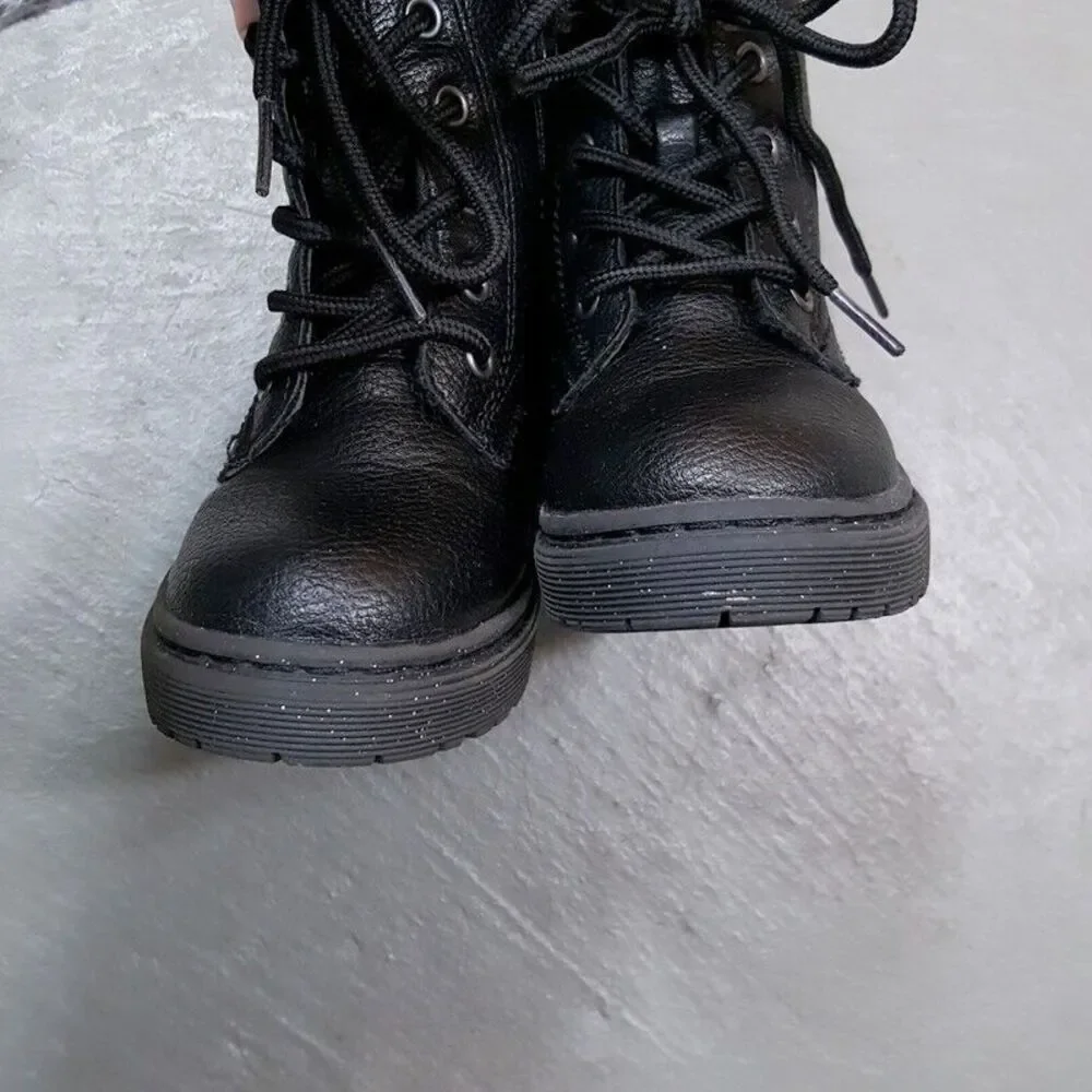 SINCERELY JULES Combat Boots Girls Size 8 Black Faux leather Side Zip Glitter